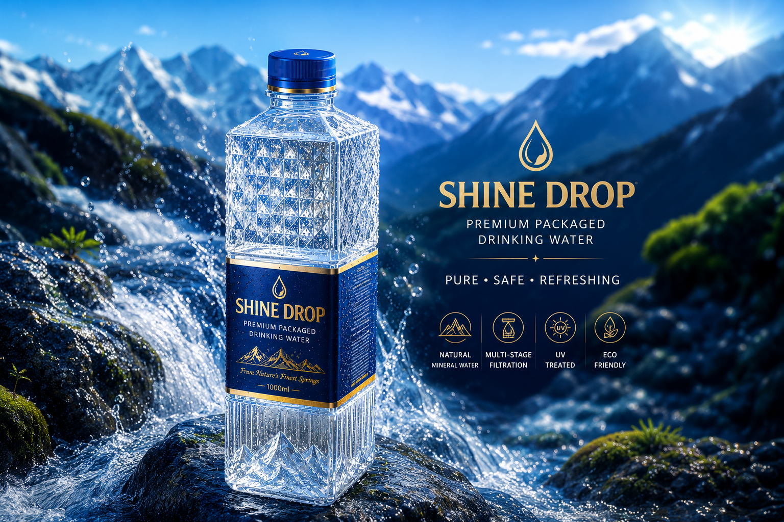 Shine Drop premium water bottle with cinematic water splash